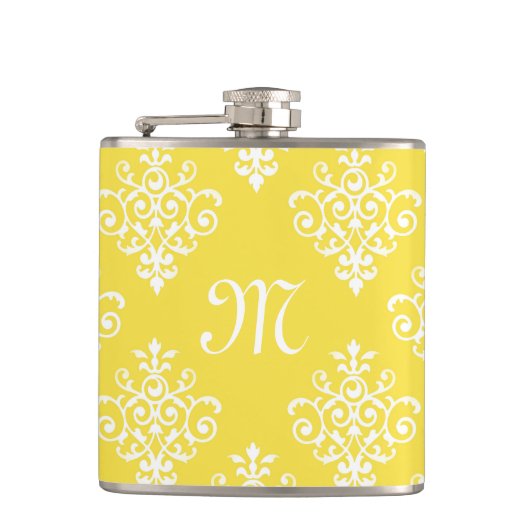 Chic Bright Yellow Damask en Fashionable Monogram Heupfles (Voorkant)