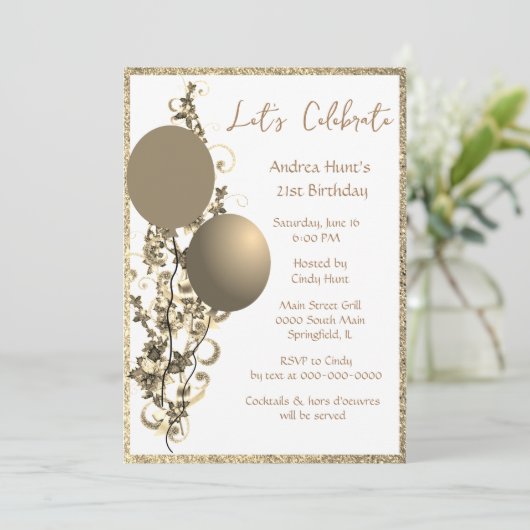 Chic Bronze Gold Glitter Brithday Uitnodiging (Staand voorkant)