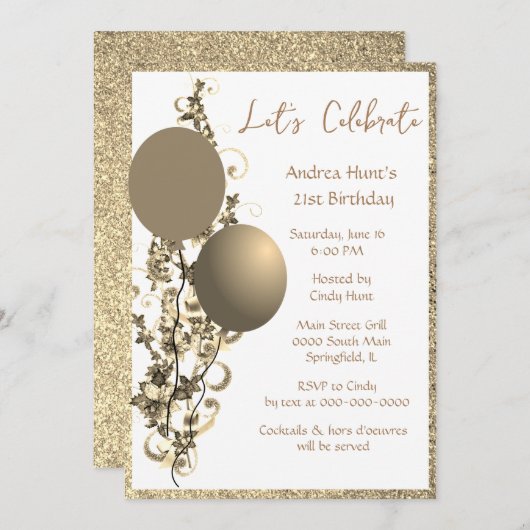 Chic Bronze Gold Glitter Brithday Uitnodiging (Voorkant / Achterkant)