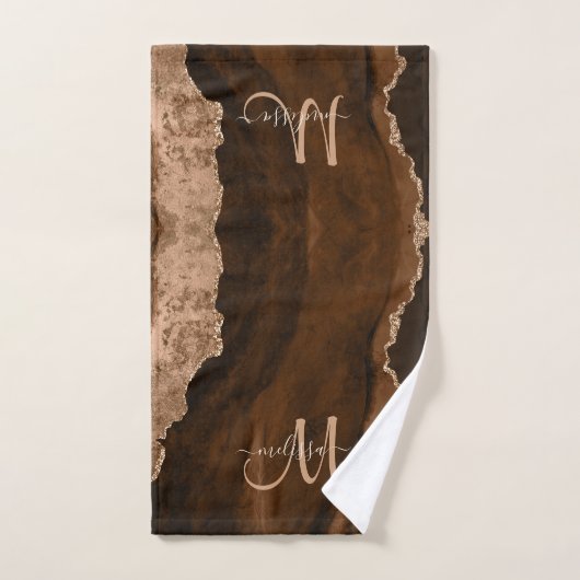 Chic Brown Blush Glitter Agate Custom Monogram Bad Handdoek (Handdoek)