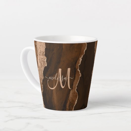 Chic Brown Blush Glitter Agate Custom Monogram Latte Mok (Linkerhoek)
