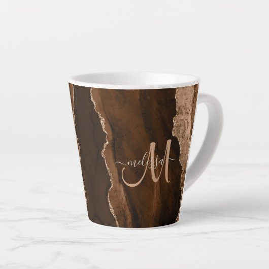 Chic Brown Blush Glitter Agate Custom Monogram Latte Mok (Rechterhoek)