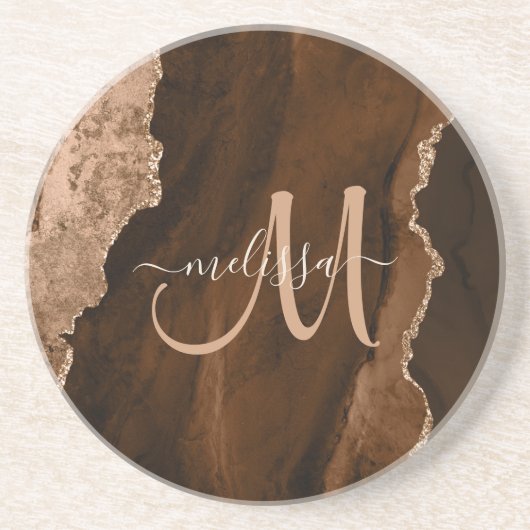 Chic Brown Blush Glitter Agate Custom Monogram Zandsteen Onderzetter (Voorkant)