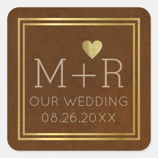 chic brown bruiloft monogrammed  vierkante sticker (Voorkant)