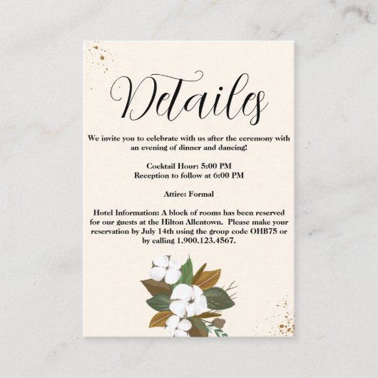 Chic Brown en Cream Bloemen Trouwdetails Informatiekaartje (Voorkant)