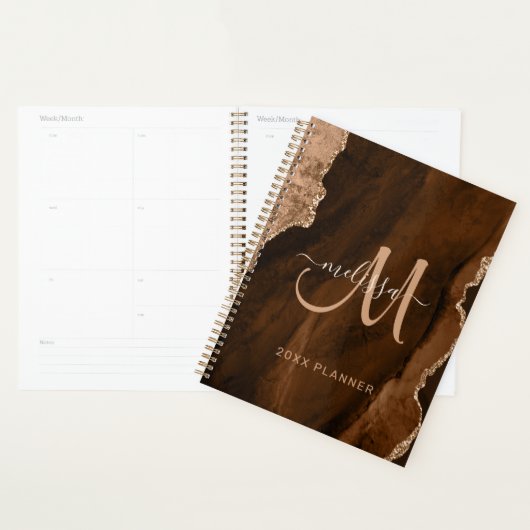Chic Brown Gold Glitter Agate Custom Monogram 2023 Planner (Display)