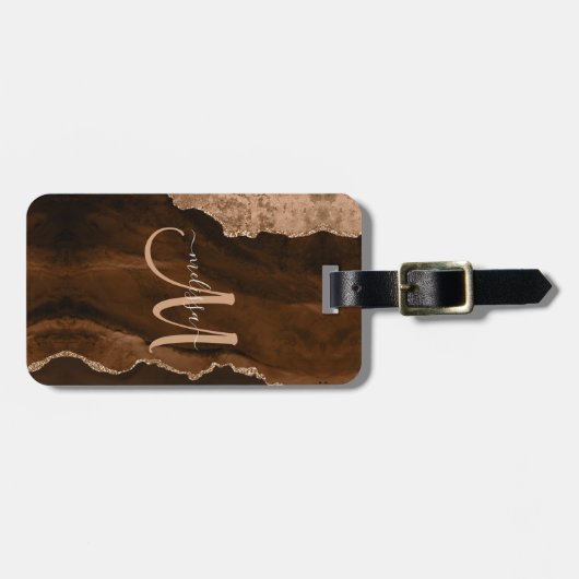 Chic Brown Roos Gold Glitter Agate Custom Monogram Bagagelabel (Voorkant horizontaal)