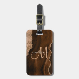 Chic Brown Roos Gold Glitter Agate Custom Monogram Bagagelabel