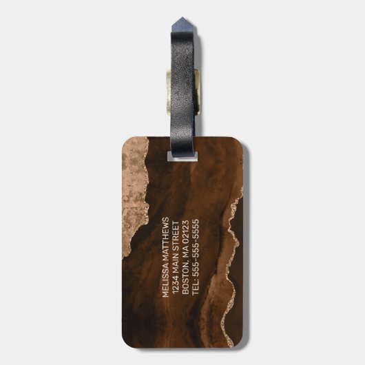 Chic Brown Roos Gold Glitter Agate Custom Monogram Bagagelabel (Achterkant verticaal)