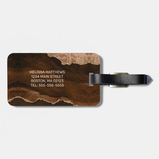 Chic Brown Roos Gold Glitter Agate Custom Monogram Bagagelabel (Achterkant horizontaal)