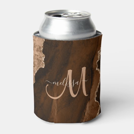 Chic Brown Roos Gold Glitter Agate Custom Monogram Blikjeskoeler (Blikje Voorkant)
