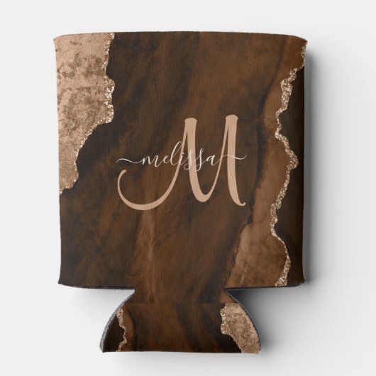 Chic Brown Roos Gold Glitter Agate Custom Monogram Blikjeskoeler (Achterkant)