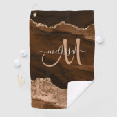 Chic Brown Roos Gold Glitter Agate Custom Monogram Golfhanddoek (Insitu)