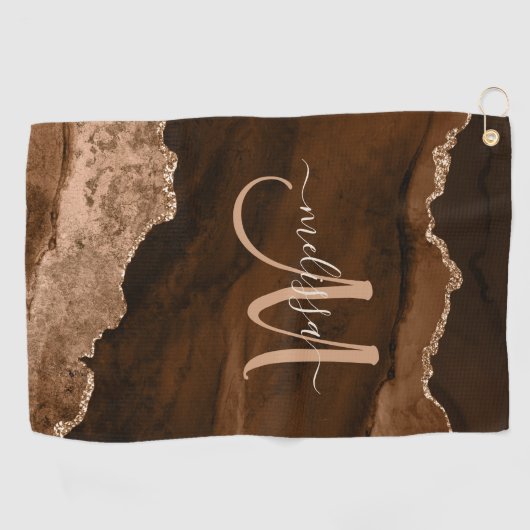 Chic Brown Roos Gold Glitter Agate Custom Monogram Golfhanddoek (Horizontaal)
