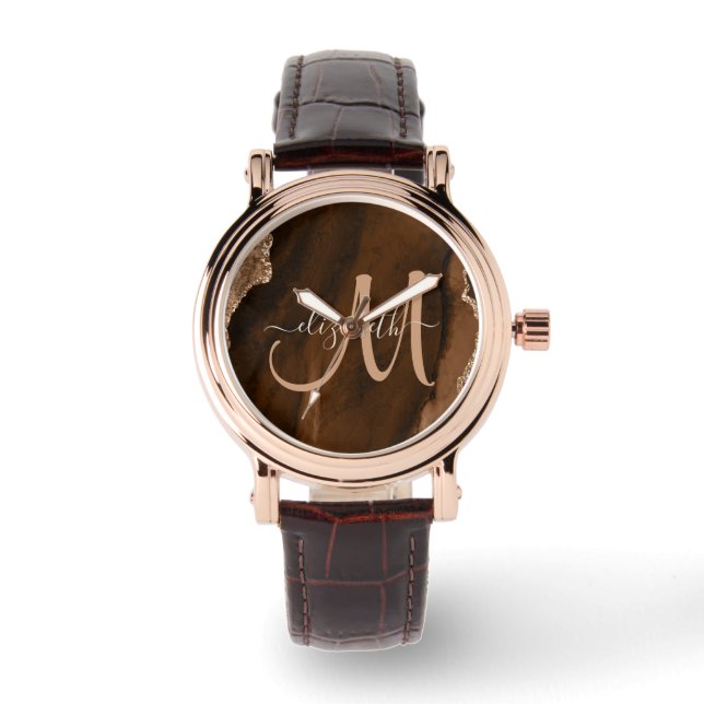 Chic Brown Roos Gold Glitter Agate Custom Monogram Horloge (Voorkant)