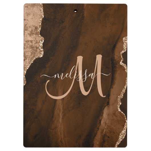 Chic Brown Roos Gold Glitter Agate Custom Monogram Klembord (Achterkant)