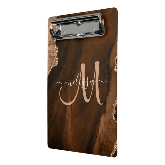 Chic Brown Roos Gold Glitter Agate Custom Monogram Mini Klembord (Angled2)