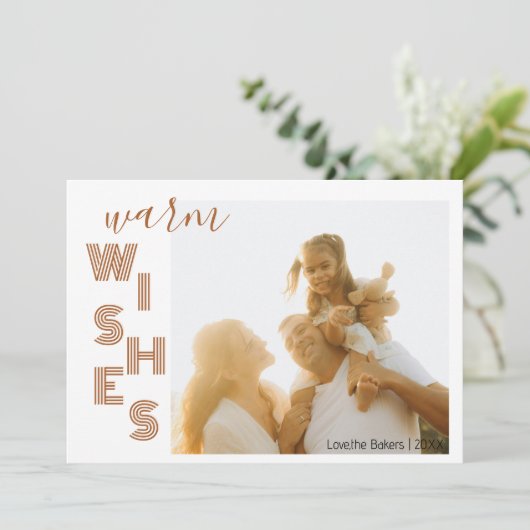Chic Brown Warm Wishes Two Beach Family Photo  Feestdagenkaart (Staand voorkant)
