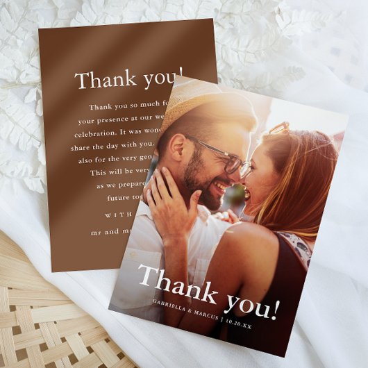 Chic Brown Wedding Foto Dank je bericht Bedankkaart