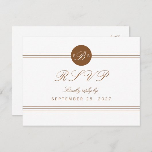 Chic Brown White Monogram Response RSVP Briefkaart (Voorkant / Achterkant)