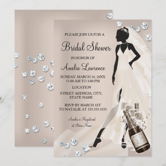 Chic Bruid beige Glitter Diamanten Bruiloft Kaart (Voorkant / Achterkant)