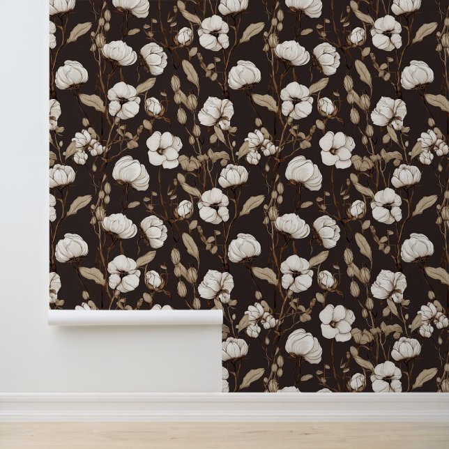 Chic  Bruin Patroon Katoenen Bloemen Behang (Applicatie)