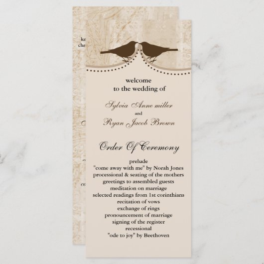 Chic bruine vogelkooi, liefde vogels bruiloft prog programmakaart (Voorkant / Achterkant)