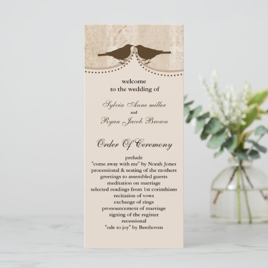 Chic bruine vogelkooi, liefde vogels bruiloft prog programmakaart (Staand voorkant)