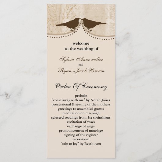 Chic bruine vogelkooi, liefde vogels bruiloft prog programmakaart (Voorkant)