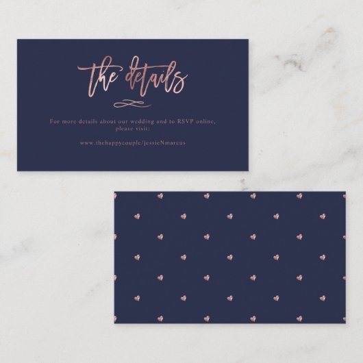 Chic Brush Script Roos Gold Wedding Details Visitekaartje (Voorkant / Achterkant)