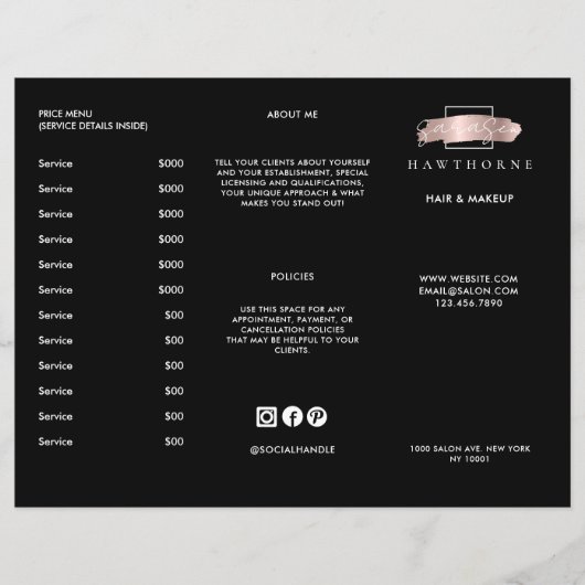 Chic Brush Stroke Salon Prijs Lijst Services Menu (Voorkant)