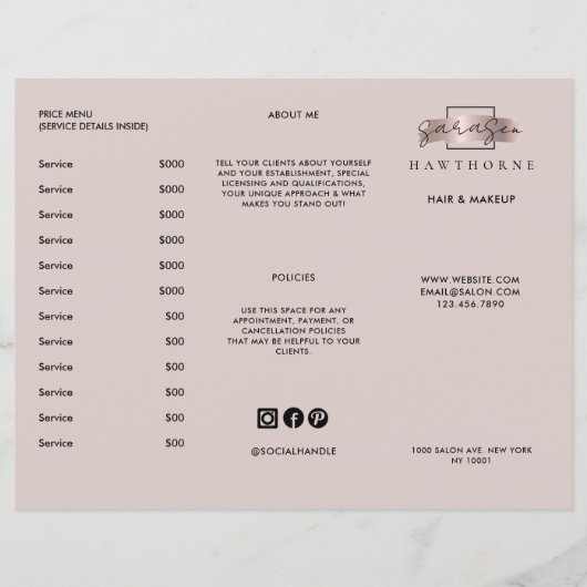 Chic Brush Stroke Salon Prijs Lijst Services Menu (Voorkant)