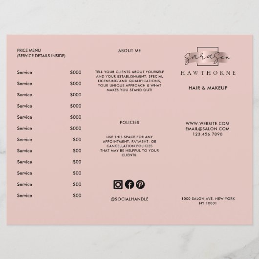 Chic Brush Stroke Salon Prijs Lijst Services Menu (Voorkant)