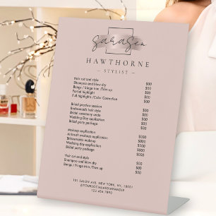Chic Brush Stroke Salon prijslijst diensten Modern Reclamebord Met Voetstuk