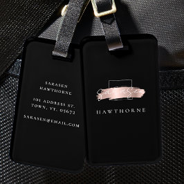 Chic Brush Stroke Zwart Faux Roos Goud Monogram Bagagelabel