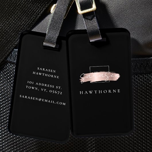 Chic Brush Stroke Zwart Faux Roos Goud Monogram Bagagelabel