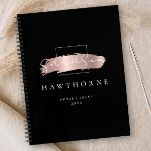 Chic Brush Stroke Zwart Faux Roos Goud Monogram Notitieboek