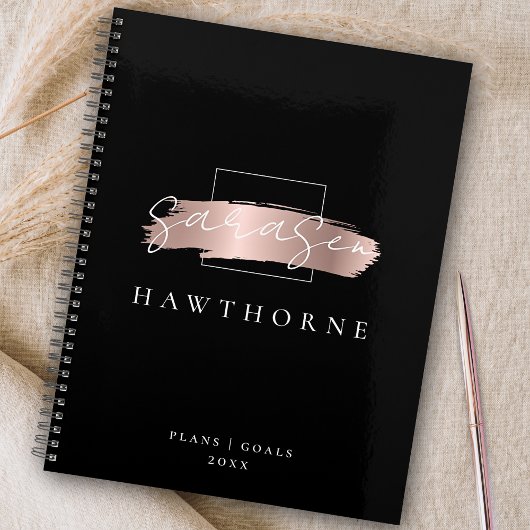 Chic Brush Stroke Zwart Faux Roos Goud Monogram Planner