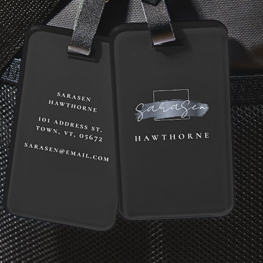 Chic Brush Stroke Zwart Faux Zilver Grijs Monogram Bagagelabel