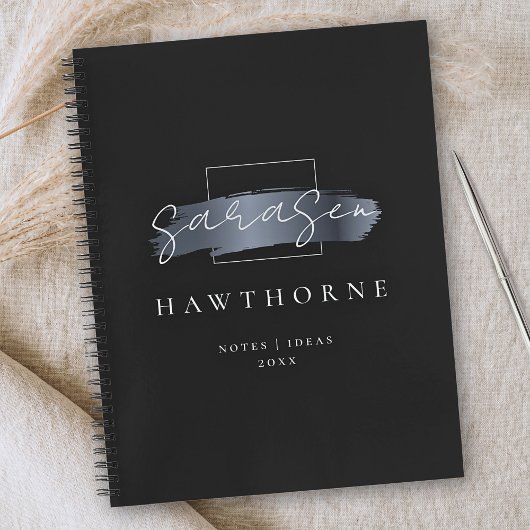 Chic Brush Stroke Zwart Faux Zilver Grijs Monogram Notitieboek