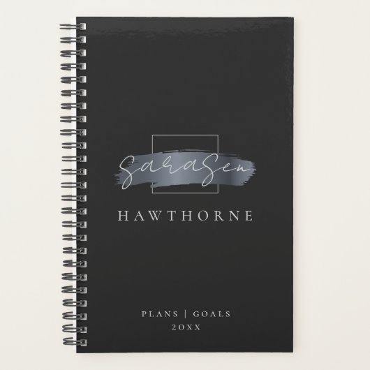 Chic Brush Stroke Zwart Faux Zilver Grijs Monogram Planner (Voorkant)