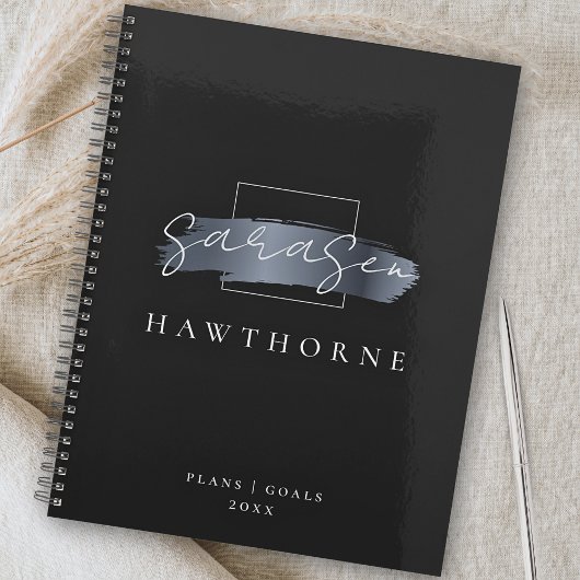 Chic Brush Stroke Zwart Faux Zilver Grijs Monogram Planner