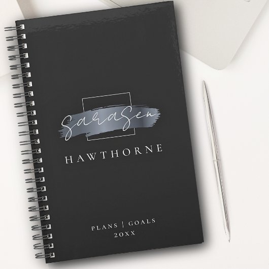Chic Brush Stroke Zwart Faux Zilver Grijs Monogram Planner