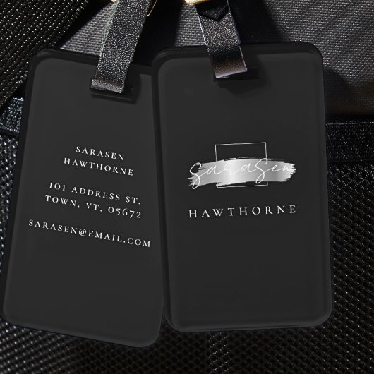 Chic Brush Stroke Zwart Faux Zilver Monogram Bagagelabel