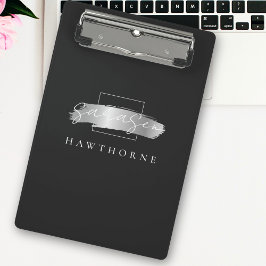 Chic Brush Stroke Zwart Faux Zilver Monogram Mini Klembord