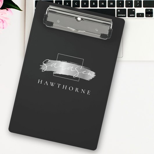 Chic Brush Stroke Zwart Faux Zilver Monogram Mini Klembord