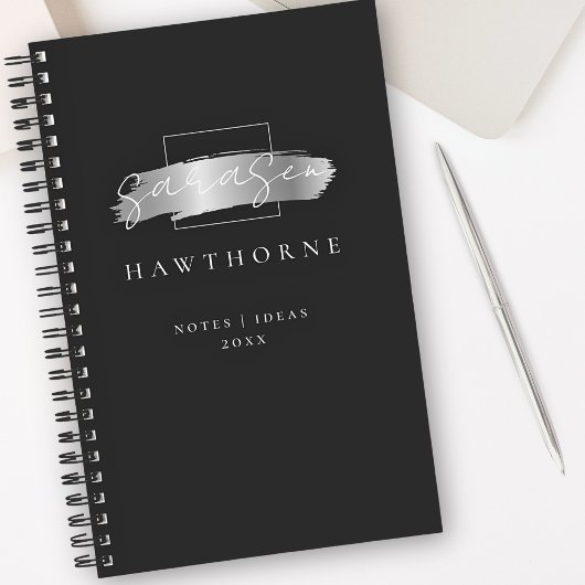 Chic Brush Stroke Zwart Faux Zilveren Borstel Mono Notitieboek