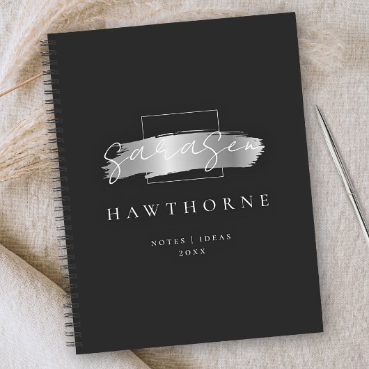 Chic Brush Stroke Zwart Faux Zilveren Borstel Mono Notitieboek