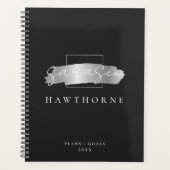 Chic Brush Stroke Zwart Faux Zilveren Borstel Mono Planner (Voorkant)