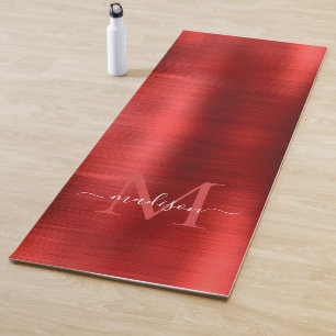 Chic Brushed Metallic Burgundy Red Monogram script Yogamat